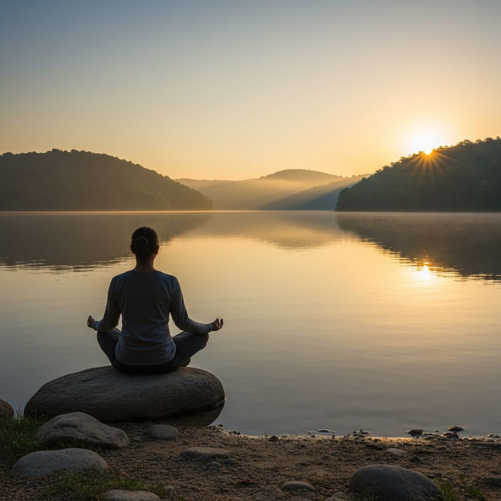 Silueta de persona en meditación frente al lago
