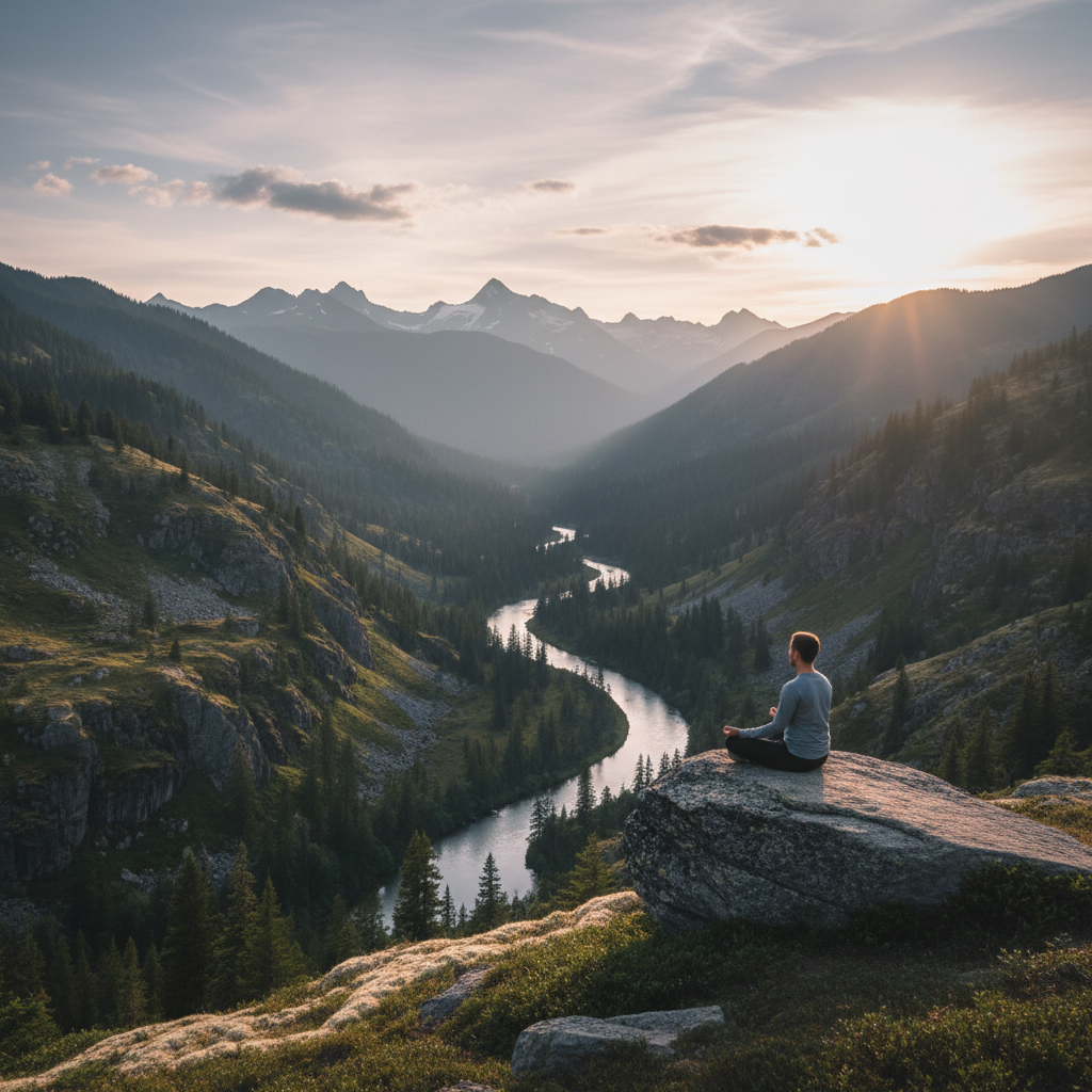 Paisaje de montaña sereno con luz solar suave