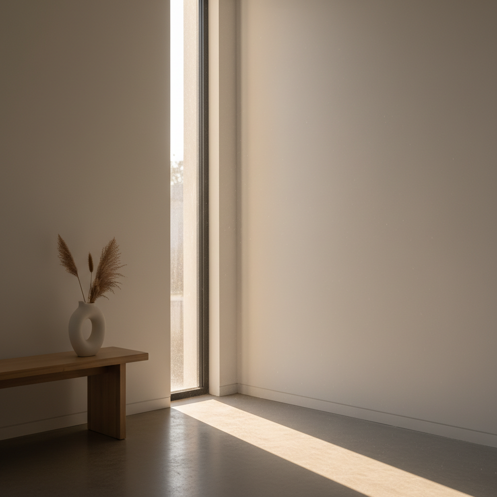 Luz solar suave entrando por una ventana minimalista